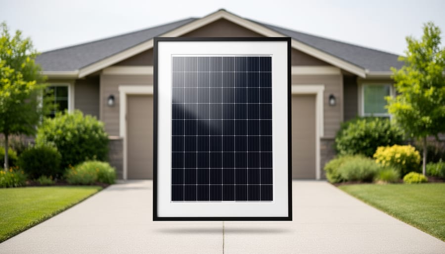 Floating photo frame showing sleek solar panels over a sunlit suburban home roof, suggesting virtual staging for solar decisions.